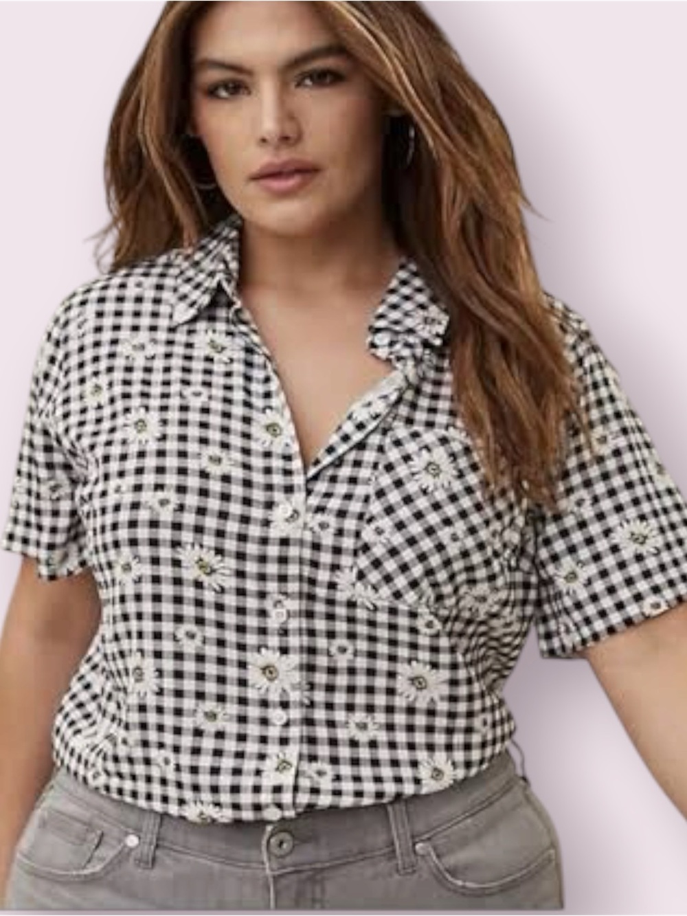 Torrid Daisy Gingham Button Up Short Sleeve Top Black White Size 3X
